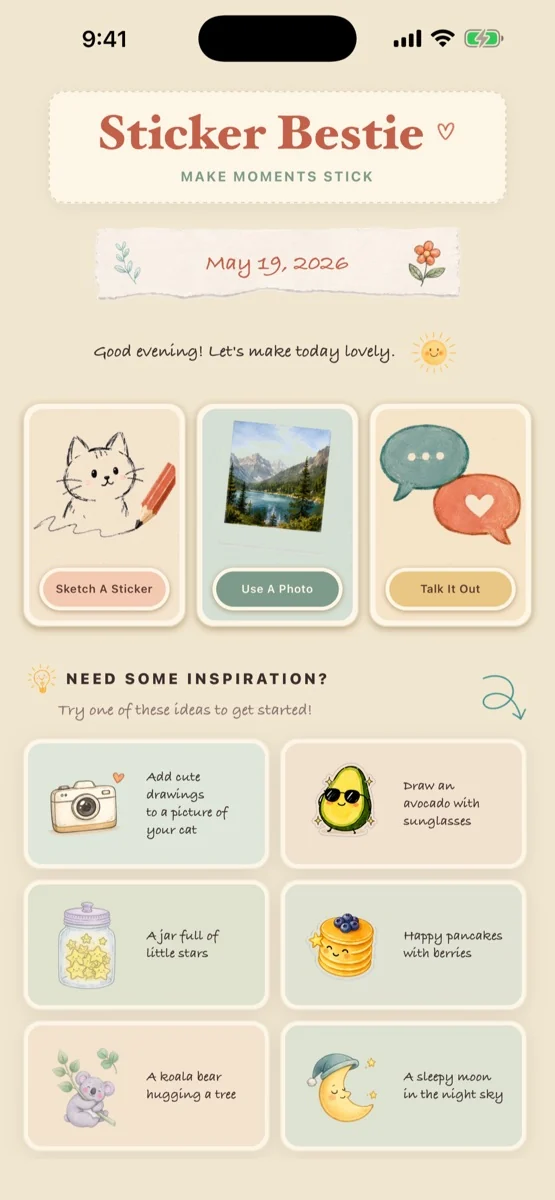 Sticker Bestie on iPhone: draw, use a photo, or talk out an idea, with sticker inspiration below.