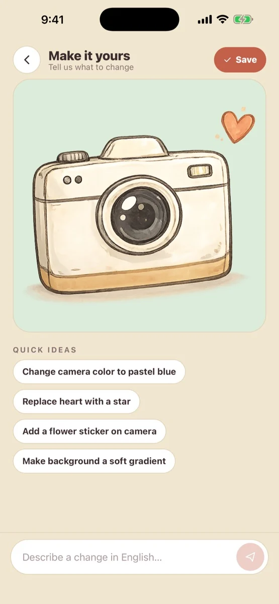 Original cream camera sticker with a heart, shown in the app.