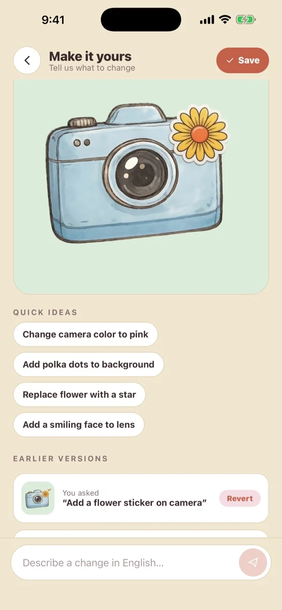 Customize a camera sticker with a new color and a flower.