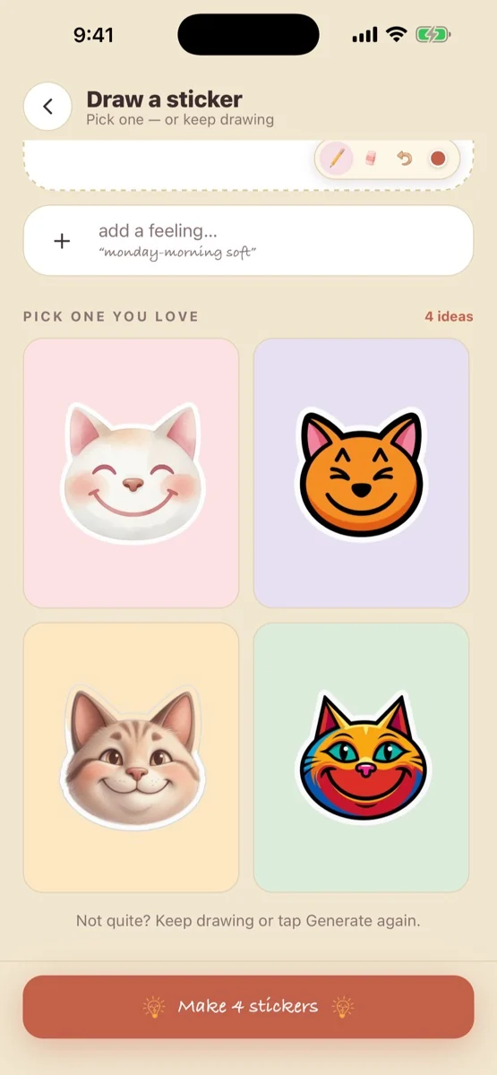 Four cat sticker variations created from a drawing.