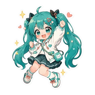 Teal-haired illustrated character.