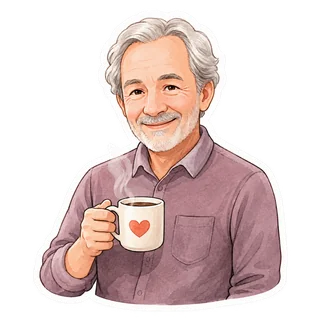 Illustrated older man holding a mug.