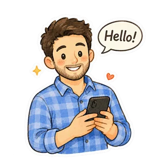 Illustrated man in a blue shirt saying Hello.